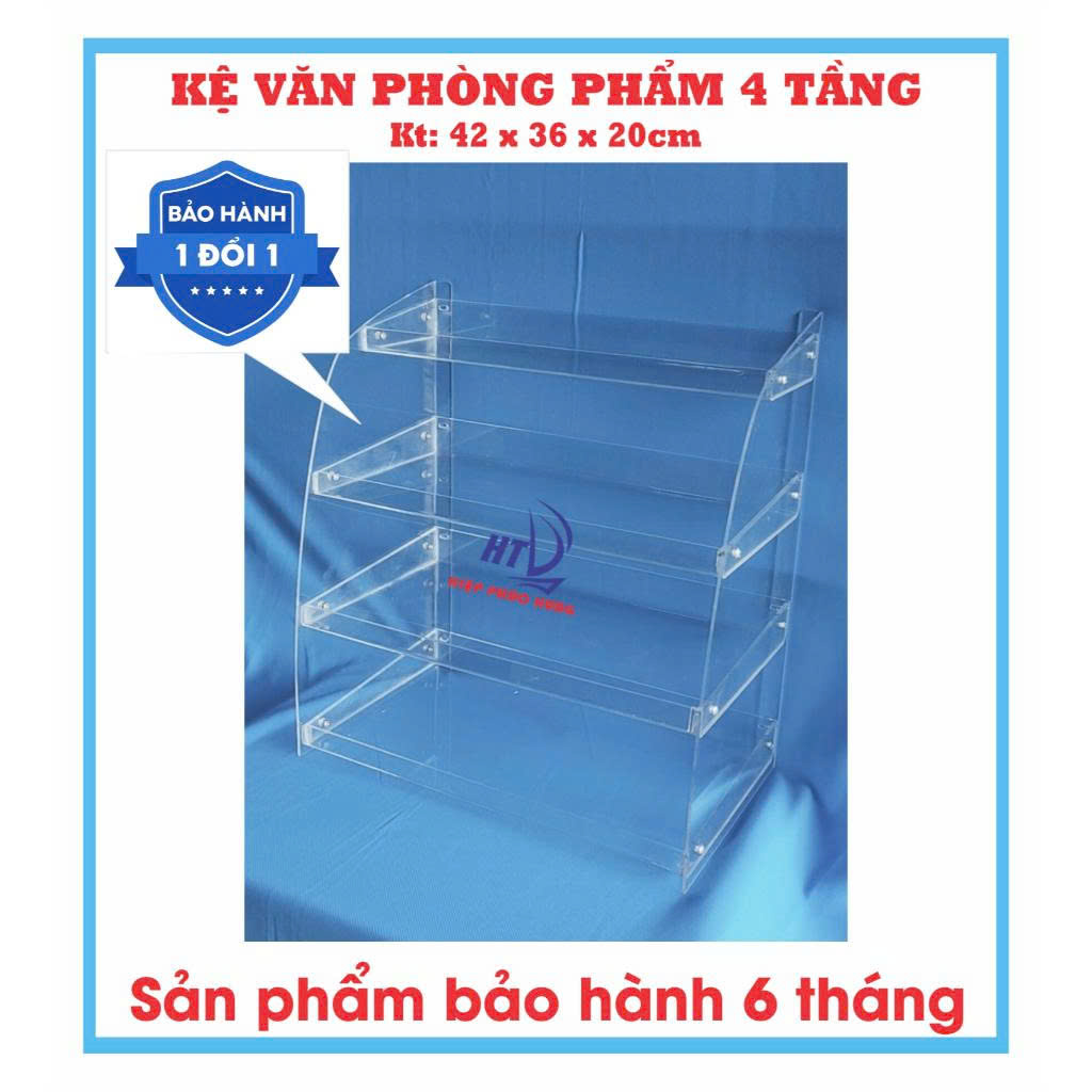 KỆ TRƯNG BÀY SẢN PHẨM VĂN PHÒNG PHẨM 4 TẦNG MICA TRONG